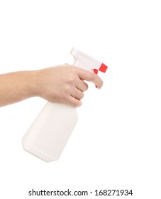 Hand Holding White Plastic Spray Bottle. Isolated On A White Background.