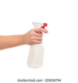 Hand Holding White Plastic Spray Bottle. Isolated On A White Background.