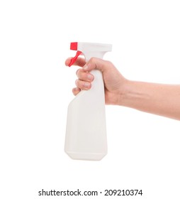 Hand Holding White Plastic Spray Bottle. Isolated On A White Background.