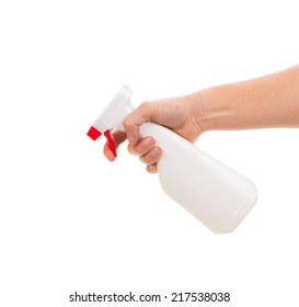 Hand Holding White Plastic Spray Bottle. Isolated On A White Background.