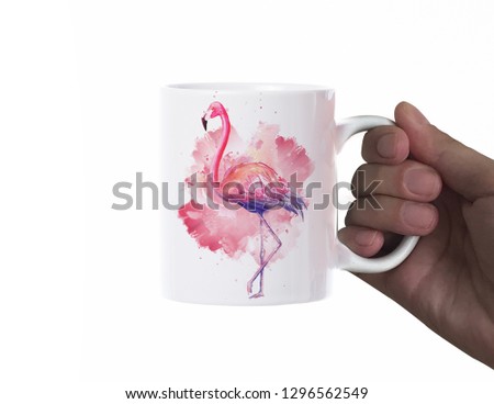 Hand holding white printed coffee mug