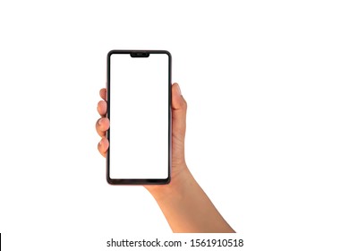 The hand is holding the white screen, the mobile phone is isolated on a white background with the clipping path. - Shutterstock ID 1561910518