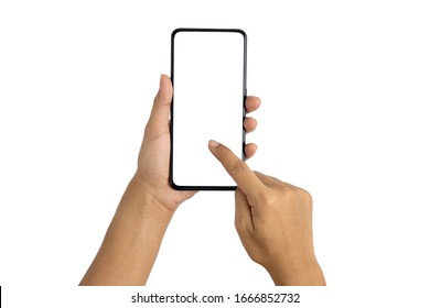 The hand is holding the white screen, the mobile phone is isolated on a white background with the clipping path. - Shutterstock ID 1666852732