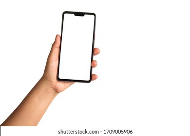 The hand is holding the white screen, the mobile phone is isolated on a white background with the clipping path. - Shutterstock ID 1709005906