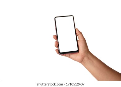 The hand is holding the white screen, the mobile phone is isolated on a white background with the clipping path. - Shutterstock ID 1710512407