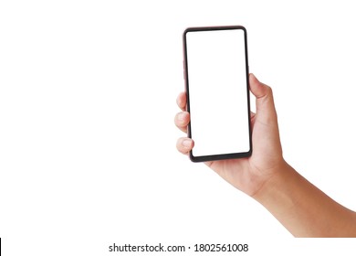The hand is holding the white screen, the mobile phone is isolated on a white background with the clipping path. - Shutterstock ID 1802561008