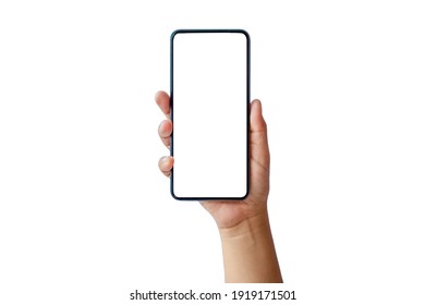 The hand is holding the white screen, the mobile phone is isolated on a white background with the clipping path. - Shutterstock ID 1919171501