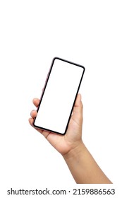 The hand is holding the white screen, the mobile phone is isolated on a white background with the clipping path. - Shutterstock ID 2159886563