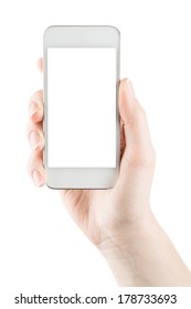Hand holding white smartphone alike iphone with blank screen