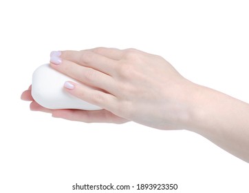 Hand Holding White Soap On White Background Isolation