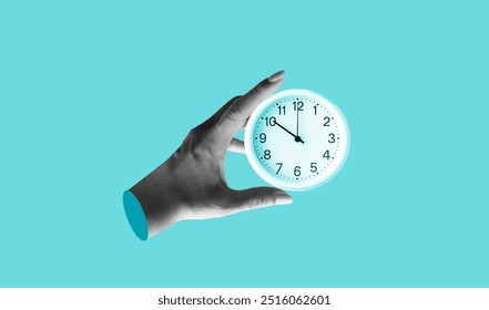 Hand holding white time clock against on light blue background. Art collage digital pop modern art. - Powered by Shutterstock