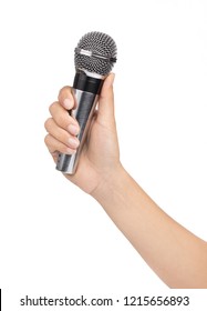 Hand Holding Wireless Microphone Isolated On White Background