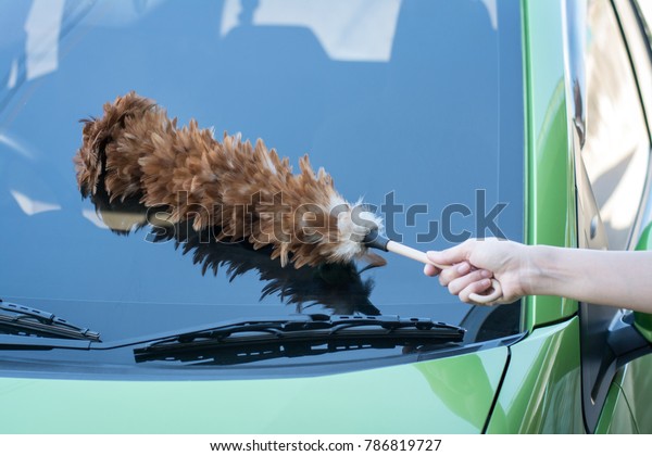 Hand holding wood feather brush used cleaning for\
auto glass.