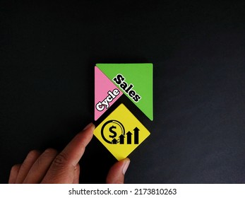 Hand Holding Wooden Blocks With Icon And Text Sales Cycle At Other Triangle Wooden Blocks On Black Background. Photo Concept. 