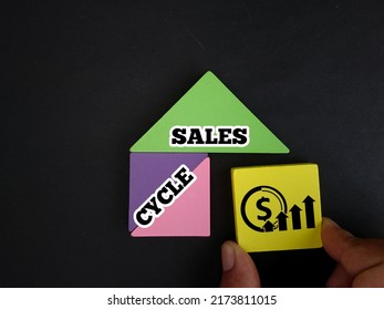 Hand Holding Wooden Blocks With Icon And Text Sales Cycle At Triangle Wooden Blocks. Photo Concept. 