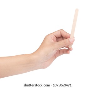 Hand Holding Wooden Ice Cream Stick Isolated On White Background