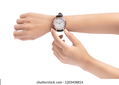 Hand Holding Wrist Watch Isolated On White Background