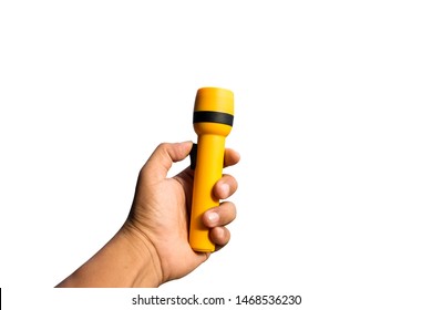 Hand Holding  Yellow Flashlight  Isolated On White Background