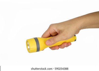 Hand Holding Yellow Flashlight Isolated On White Background.