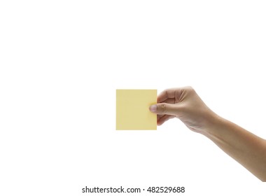 Hand Holding Yellow Sticky Note Isolated White Background Women Hand Blank Paper Office Supplies Note Message Text Sticker 