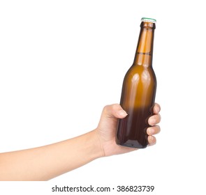 Hand Holding Yellow Whisky Bottle Isolated On White Background