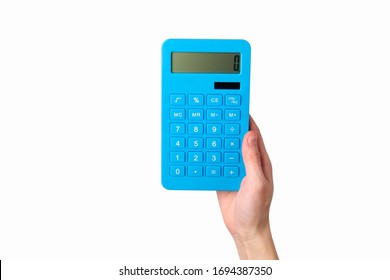 Hand Holds Blue Calculator Isolated On A White Background.