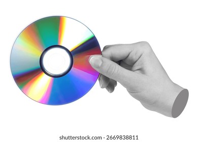 Hand holds cd compact disk, isolated on a transparent background, retro teachnology concept. Contemporary art design
