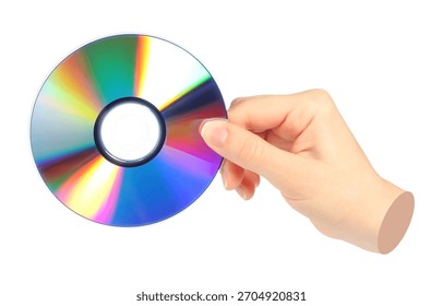 Hand holds cd compact disk, isolated on transparent background, retro teachnology concept. Contemporary art design