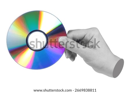 Hand holds cd compact disk, isolated on a transparent background, retro teachnology concept. Contemporary art design