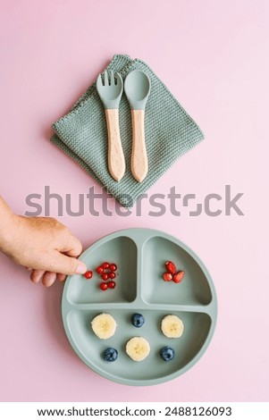 Hand holding a child’s plate of fresh fruit. Top view.