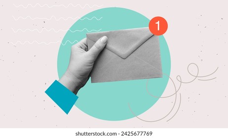 A hand holds a closed envelope with an unread message. Letter in hand in a modern collage style