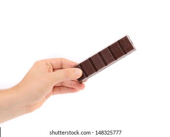 Hand Holds Dark Chocolate Bar.