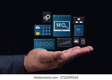 A hand holds digital interface elements related to SEO, showcasing analytics, data management, and cloud services in a dark background.