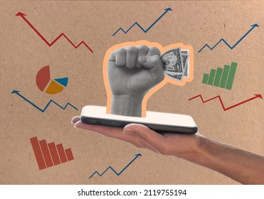 A hand holds dollars in a fist sticking out of a smartphone screen, on a retro cardboard background. growth charts. The concept of networking. Contemporary art collage, modern design. - Shutterstock ID 2119755194