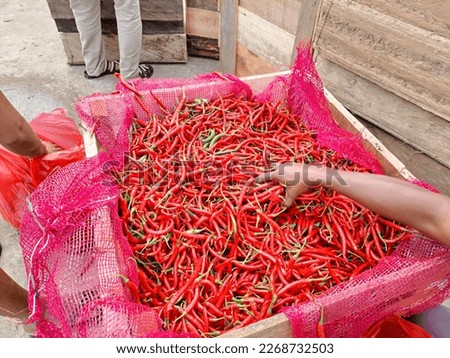 A hand holds up fresh red peppers at a street stand at a market
