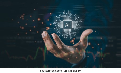 A hand holds a glowing AI microchip symbol with circuit lines, symbolizing artificial intelligence and advanced technology.