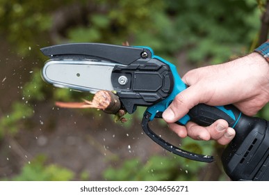 Hand holds light chain saw with battery to trim broken branch of an tree, in sunny day - Shutterstock ID 2304656271