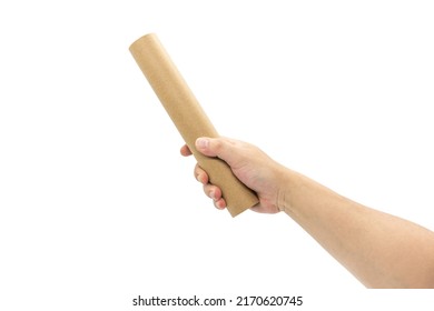 A hand holds a long tube of kraft paper isolated on a white background - Shutterstock ID 2170620745