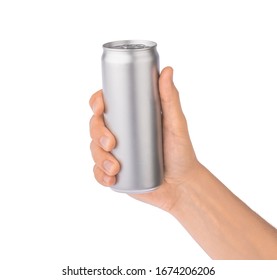 Hand holds metal beverage drink can isolated on white