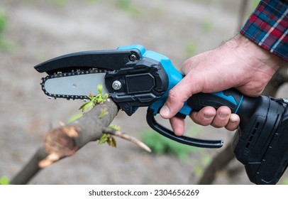 A hand holds a mini chainsaw with a battery to cut a broken tree branch on a sunny day.