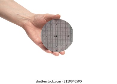 A Hand Holds A Multilayer Semiconductor Silicon Wafer With A Microcircuit Chip Of A Powerful Darlington Transistor Isolated On A White Background.