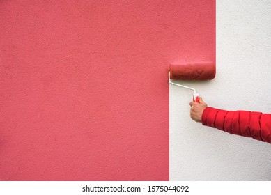  hand holds paint roller and painting a wall