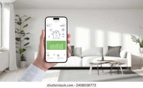 Hand holds phone displaying solar energy app in a cozy living room, effortlessly manage and monitor green power for sustainable living - Powered by Shutterstock