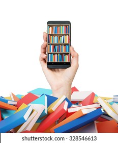 A hand holds a smartphone with a book shelf on the screen. A heap of colourful books. A concept of education and technology. isolated on white background.