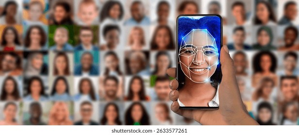 A hand holds a smartphone displaying a digital face scan