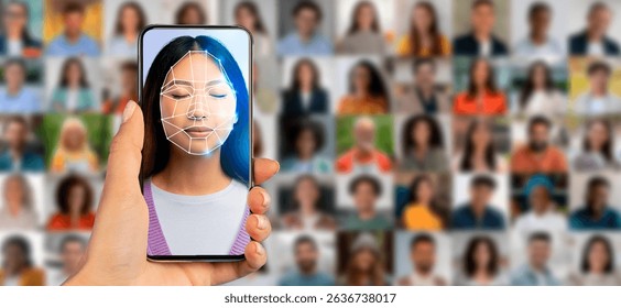 A hand holds a smartphone displaying a facial recognition scan of a woman