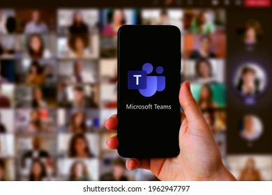 Hand holds smartphone with microsoft teams logo, it is an application that allows you to connect in video call for work, studies, etc.
United States, California April 26, 2021