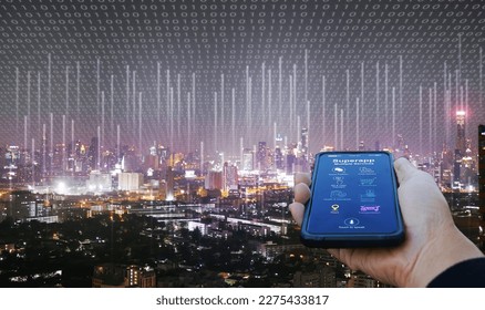 Hand holds a smartphone with a super app that serves multiple services as a one-stop service with an active network in the background. - Powered by Shutterstock