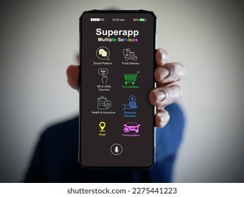 Hand holds a smartphone with a super app for mobile phones that serves multiple services as a one-stop service. - Shutterstock ID 2275441223