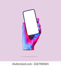 The hand holds a smartphone with a white screen. Art collage. Mockup.